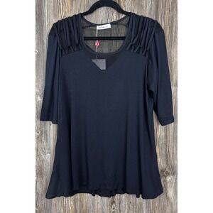 NWT Inside Out Angelina Tunic Top Blouse LARGE Stretchy Black V Neck Mesh Back